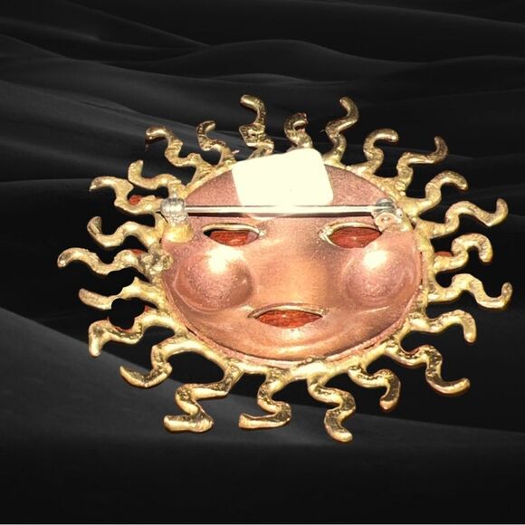 Vintage Dramatic Multi-Metal Aztec Sun Mask Brooch - Picture 4 of 4